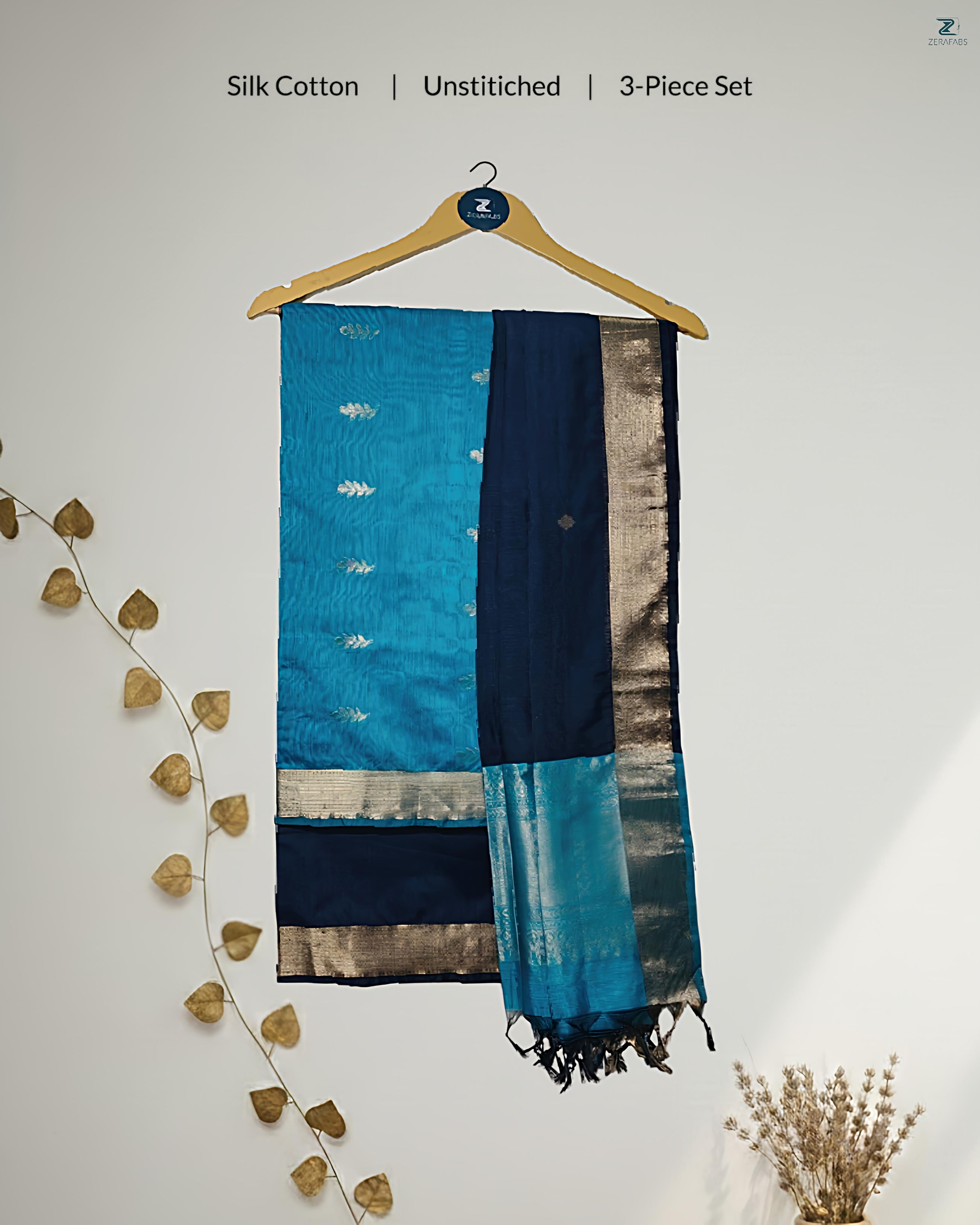 Light Blue & Navy Blue Silk Cotton Unstitched Salwar Material with Zari Border