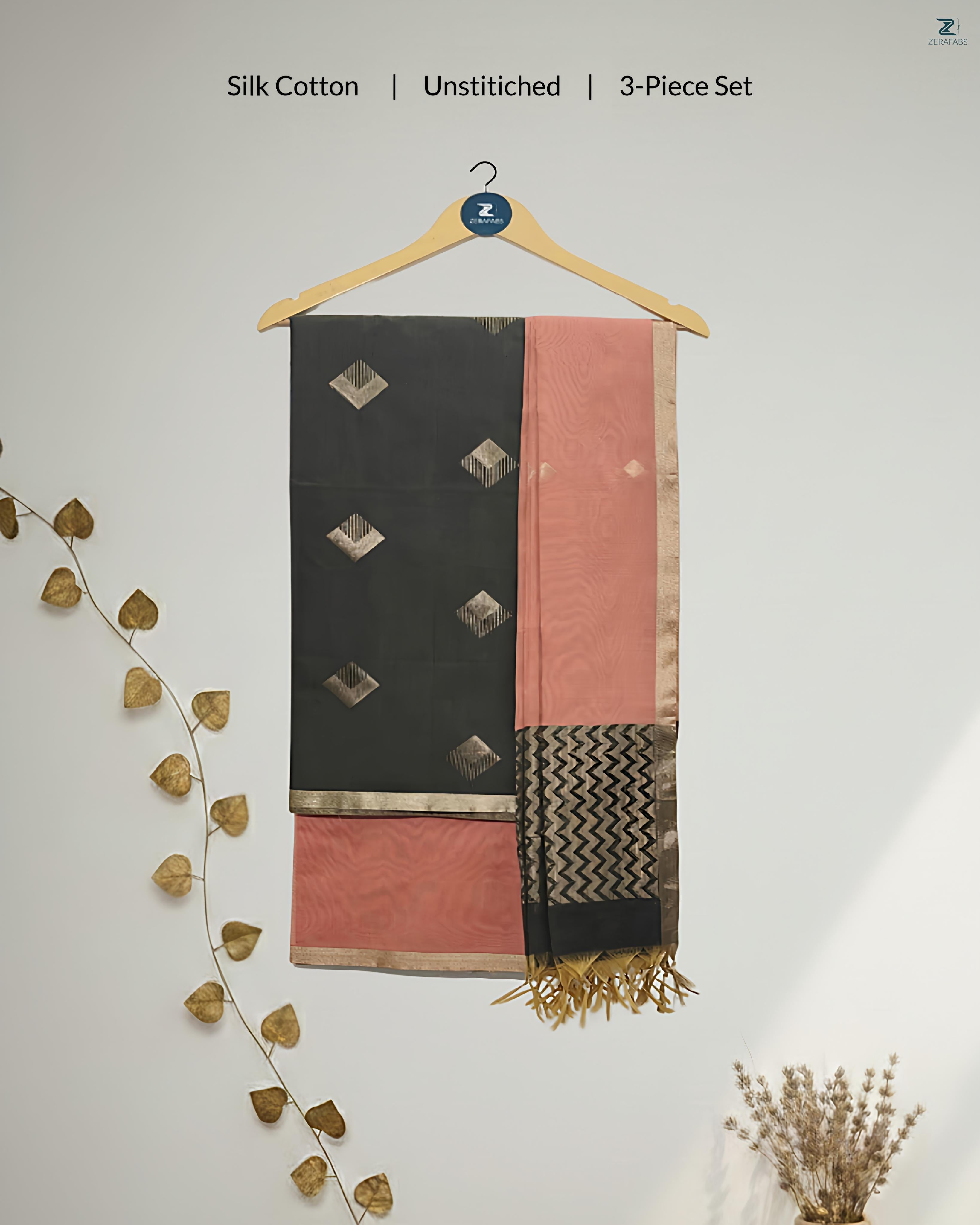 Brown & Peach Silk Cotton Unstitched Salwar Material with Zari Border