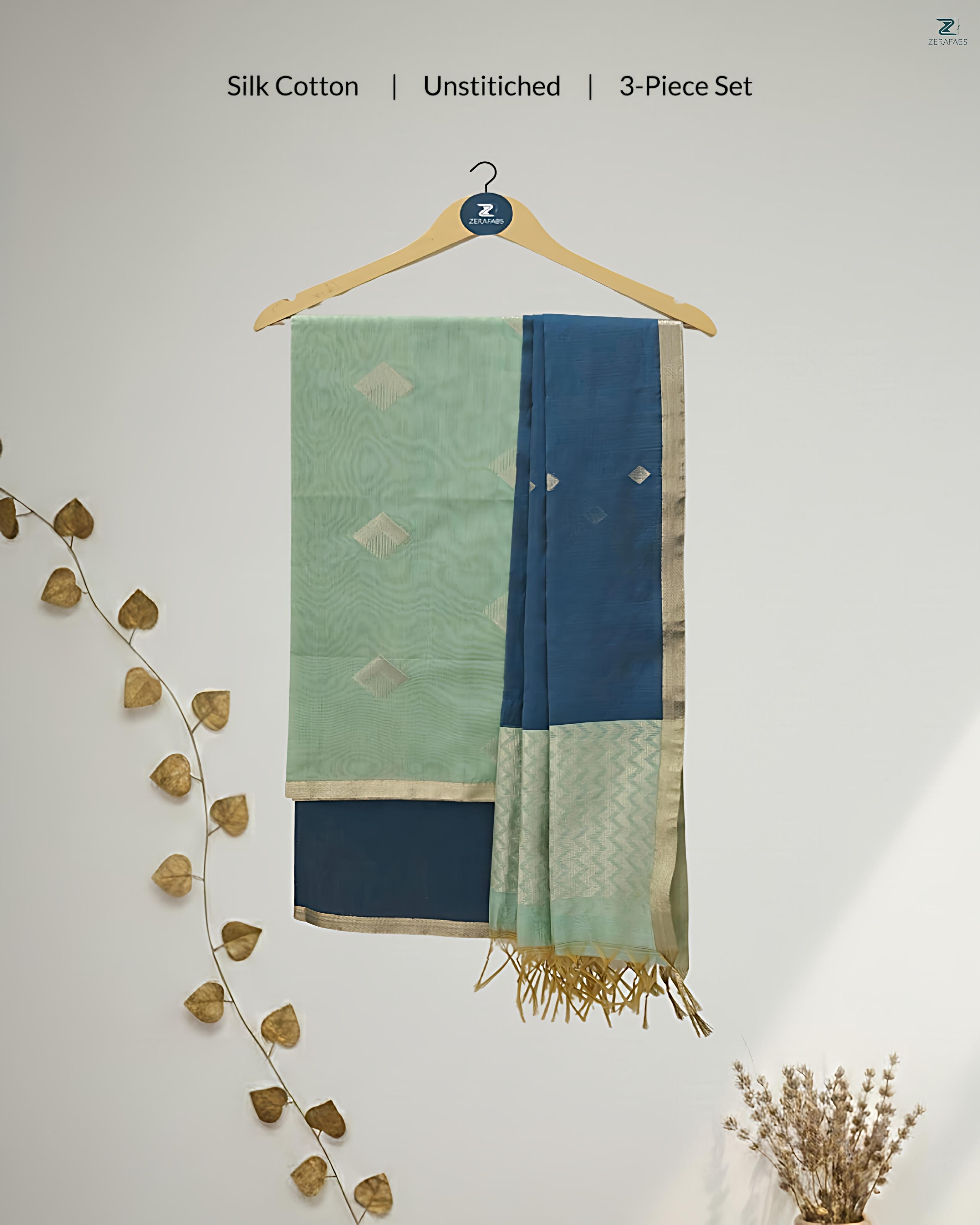 Mint Green & Pastel Blue Silk Cotton Unstitched Salwar Material with Zari Border