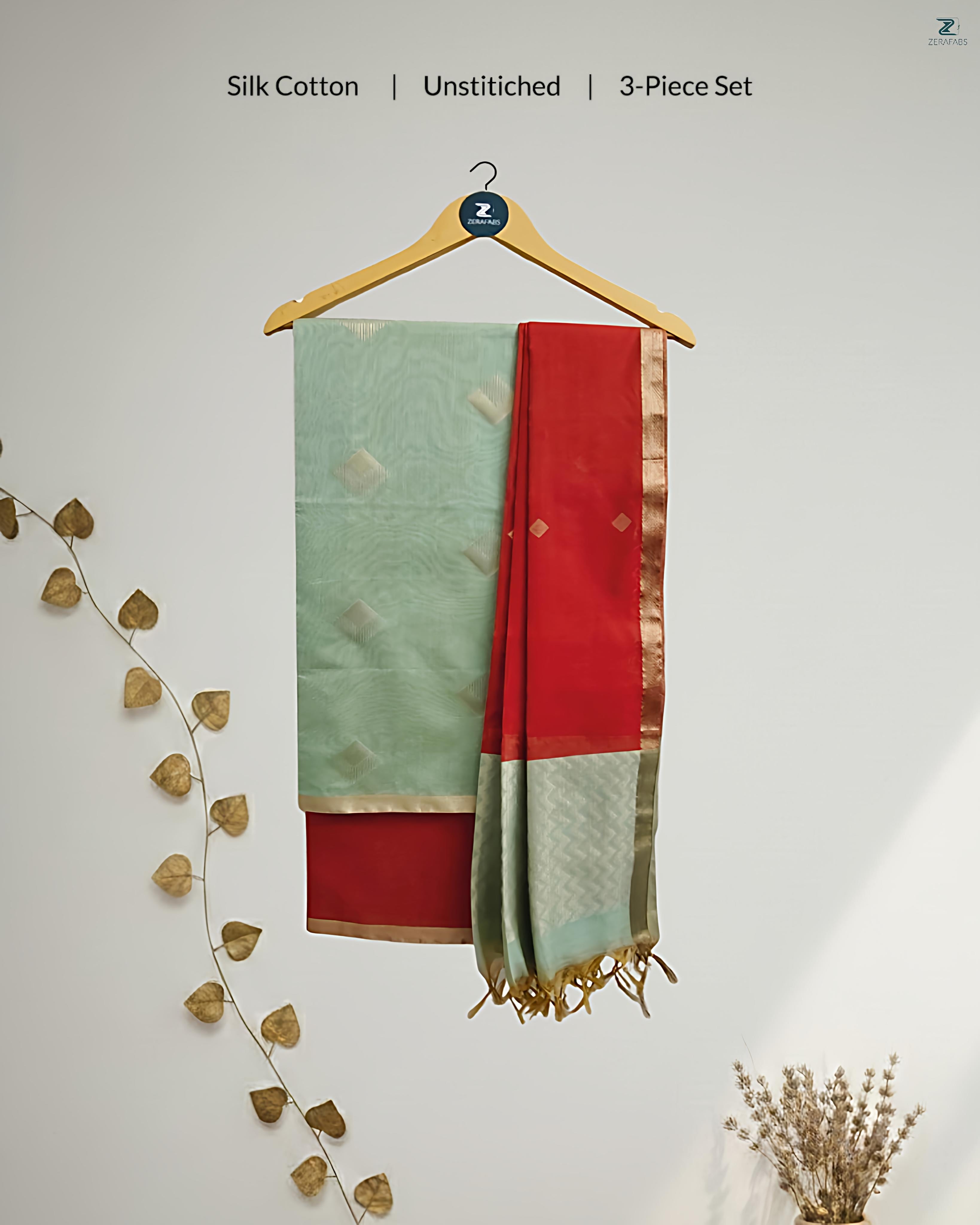 Pastel Green & Rust Silk Cotton Unstitched Salwar Material with Zari Border