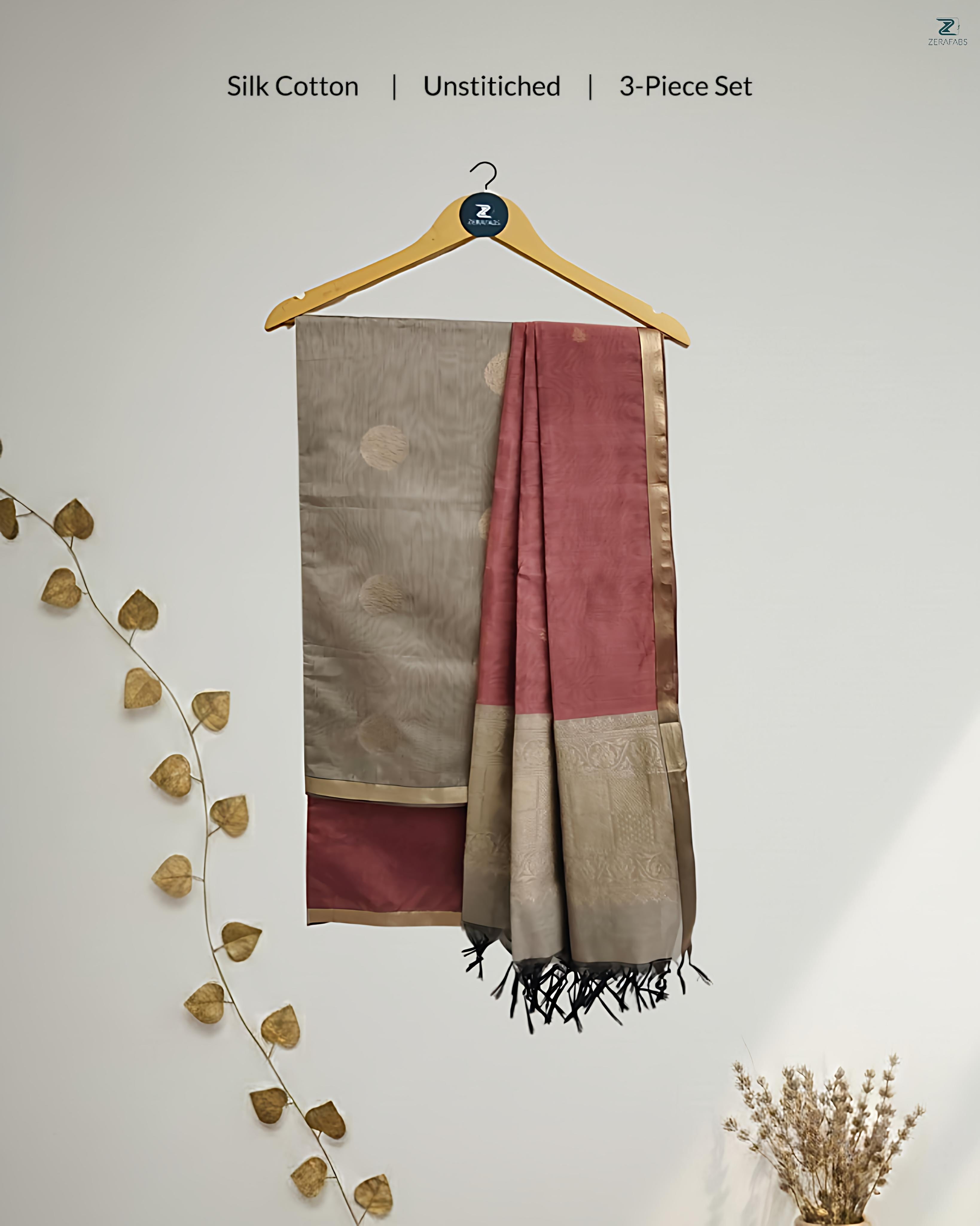 Grey & Onion Pink Cotton Unstitched Salwar Material with Zari Border