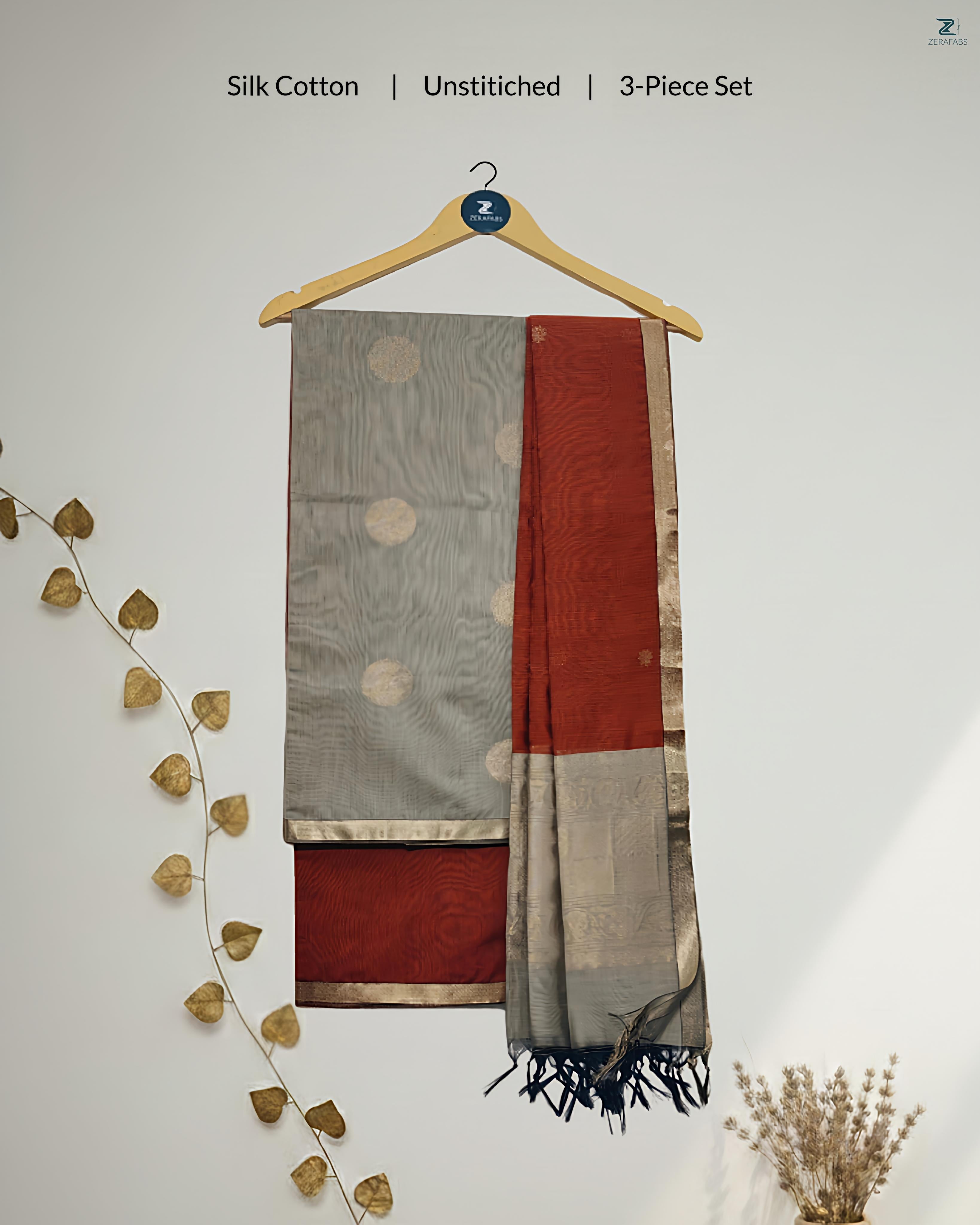 Grey & Rust Orange Silk Cotton Unstitched Salwar Material with Zari Border