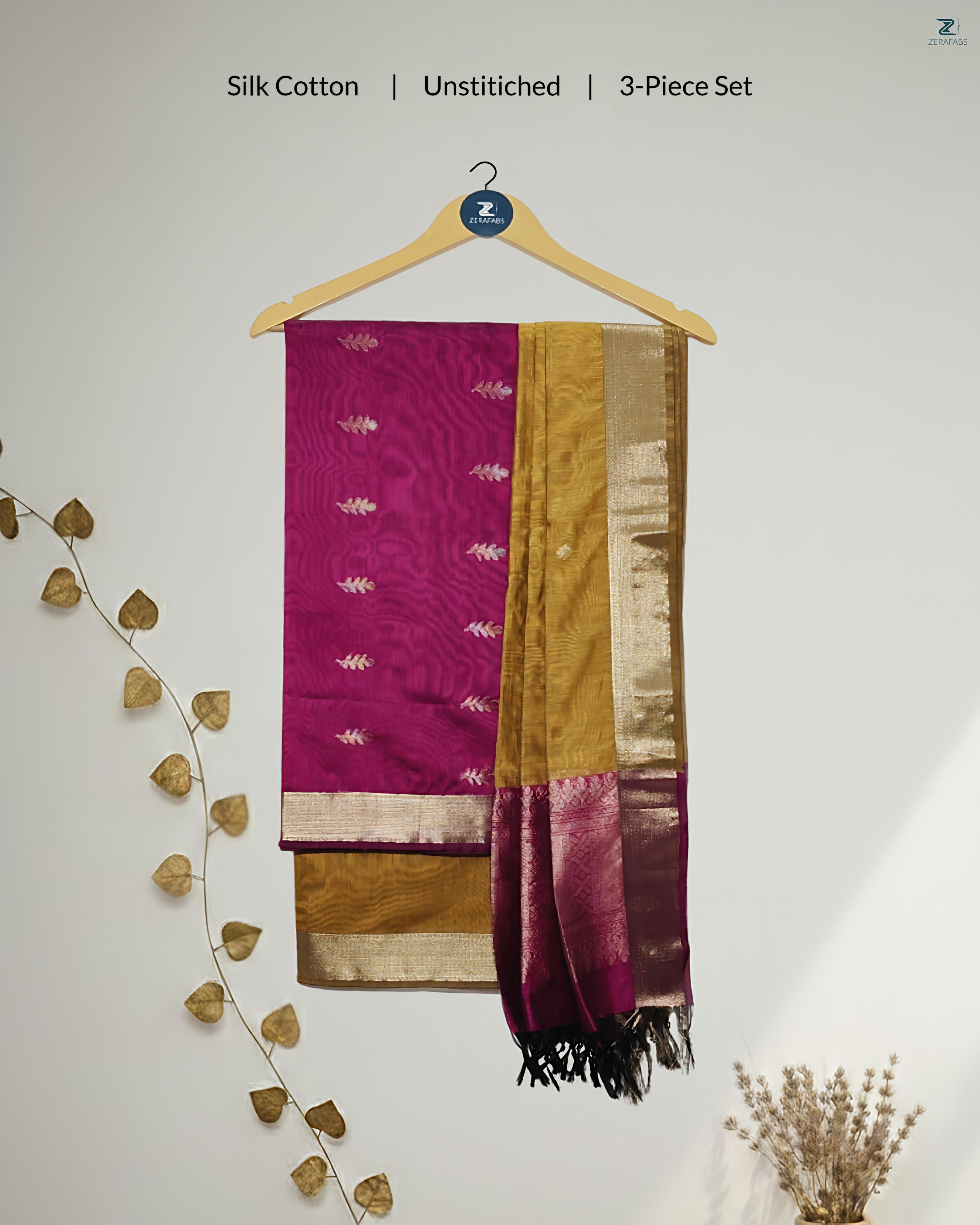 Magenta Pink & Golden Yellow Silk Cotton Unstitched Salwar Material with Zari Border