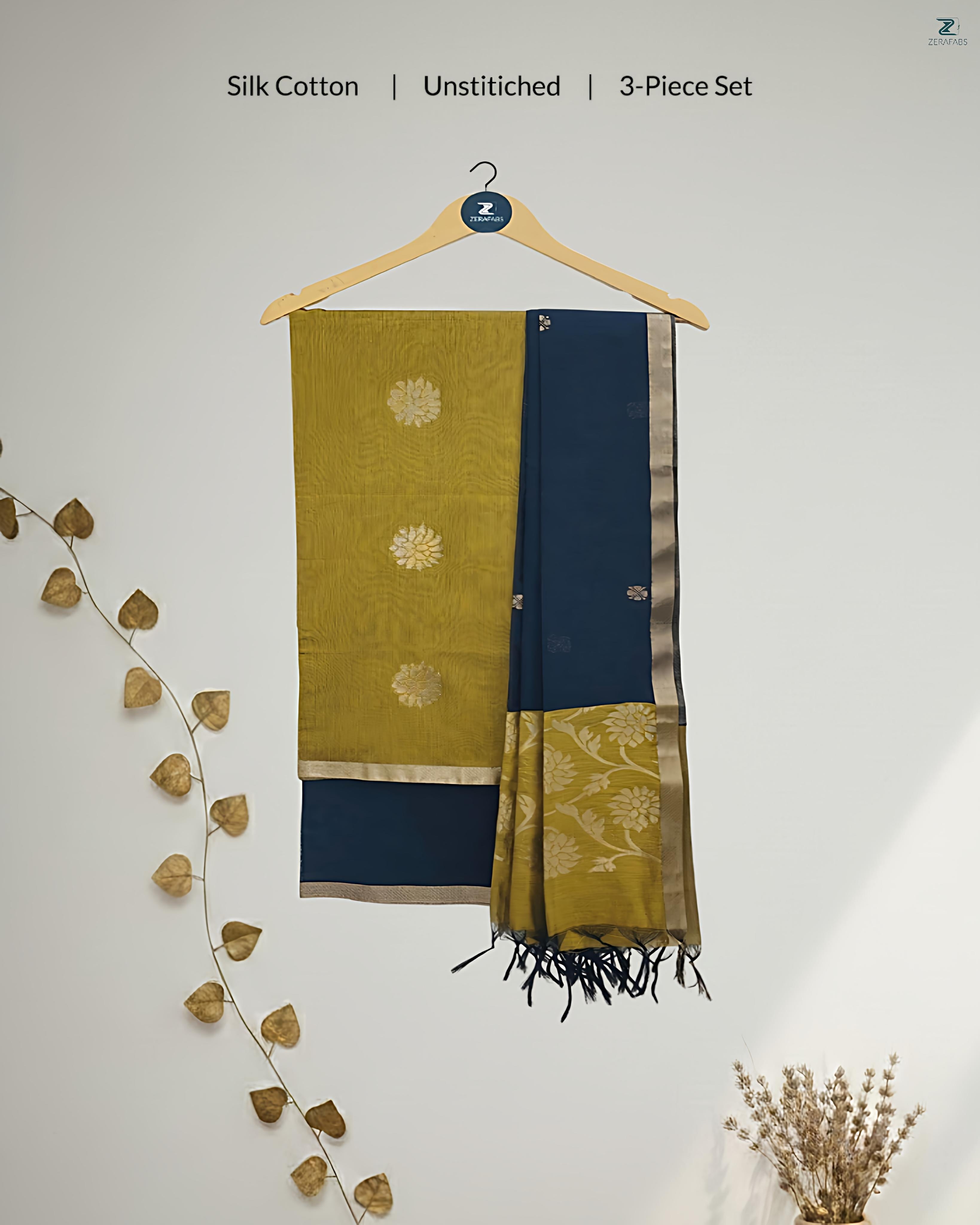 Mehandi Green & Navy Blue Silk Cotton Unstitched Salwar Material with Zari Border