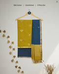 Yellow & Pastel Blue Silk Cotton Unstitched Salwar Material with Zari Border